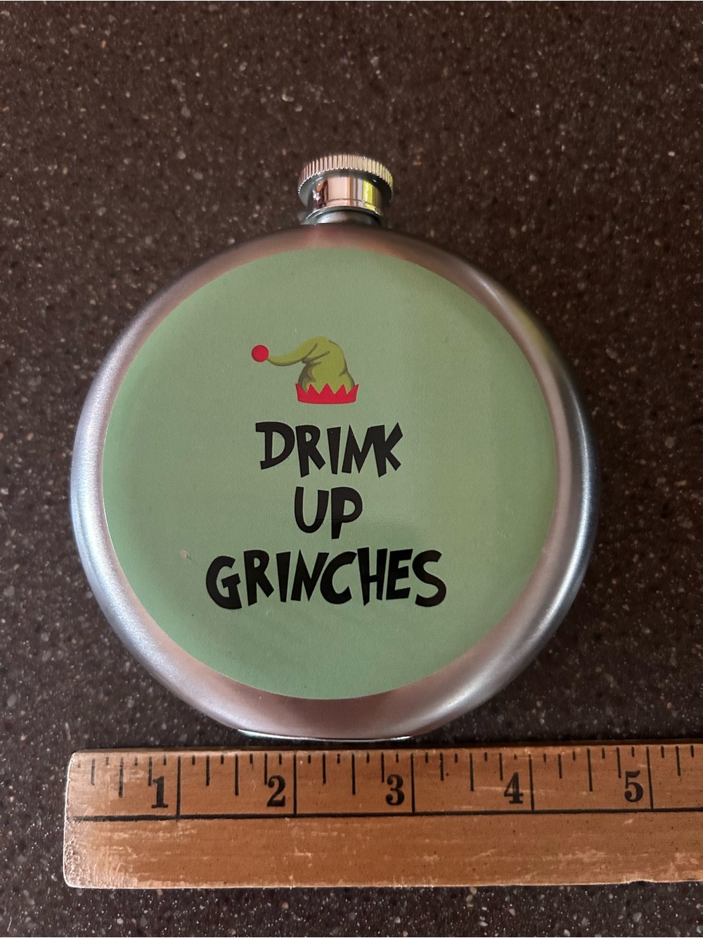 Wembley Presentville 10oz Smooth Steel Flask, “Drink Up Grinches”